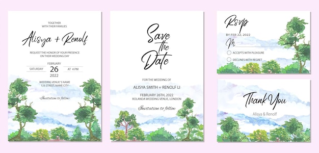 Plantilla de tarjeta de invitación con hermoso paisaje de fondo de acuarela de árbol