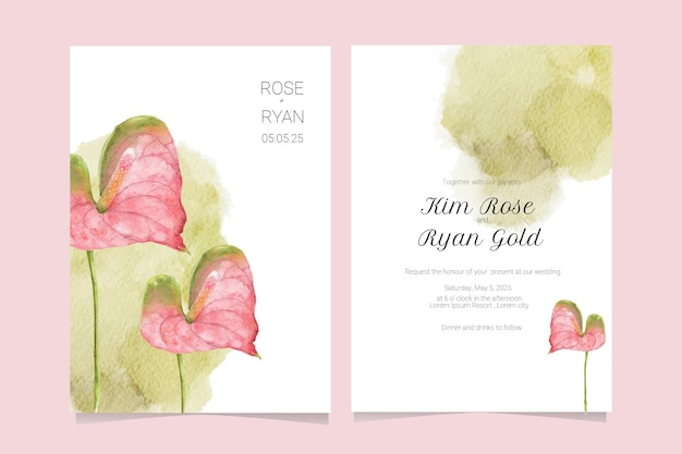 Plantilla de tarjeta de invitación con ilustración de flor de anthurium bastante rosa