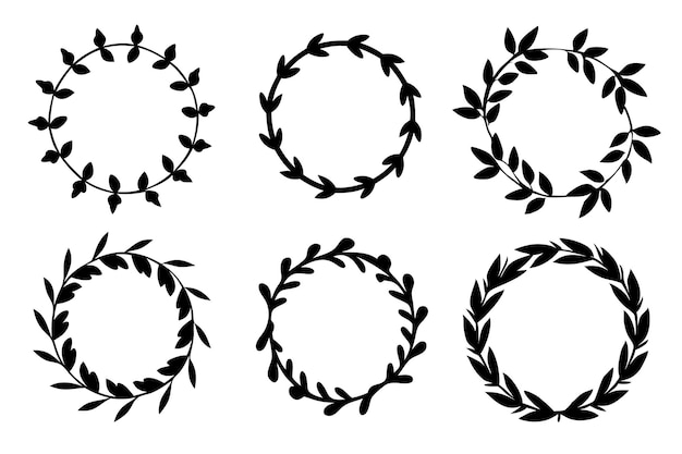Plantilla de tarjeta de invitación de marco de boda con logotipo de corona de hojas de marco floral dibujado a mano