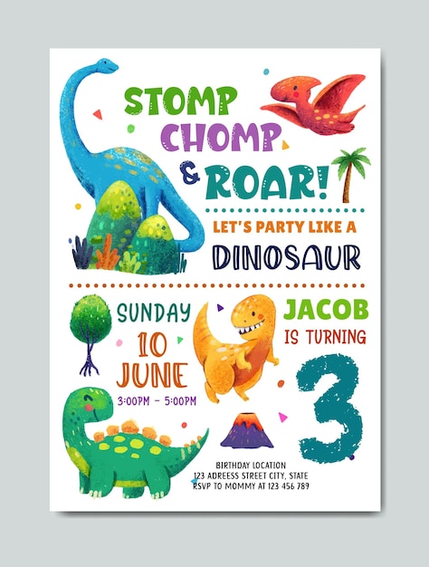 Plantilla de tarjeta de invitación de tema de dinosaurio de cumpleaños