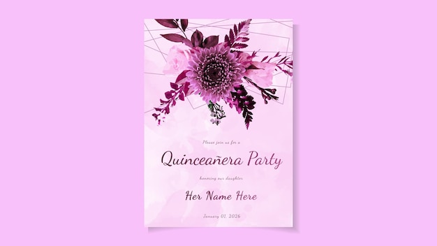 Vector plantilla de tarjeta de invitación de volante floral de celebración de cumpleaños de quinceañera