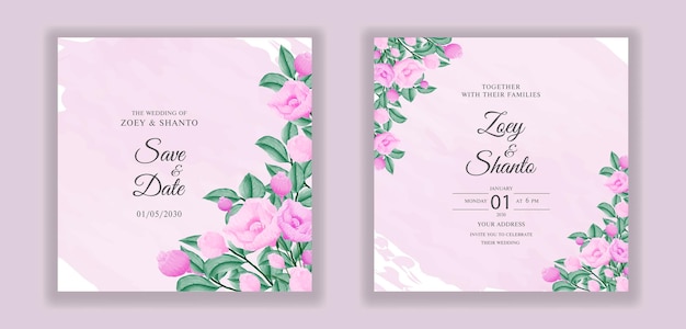 Plantilla de tarjeta de invitaciones de boda floral acuarela colorida con fondo de salpicaduras