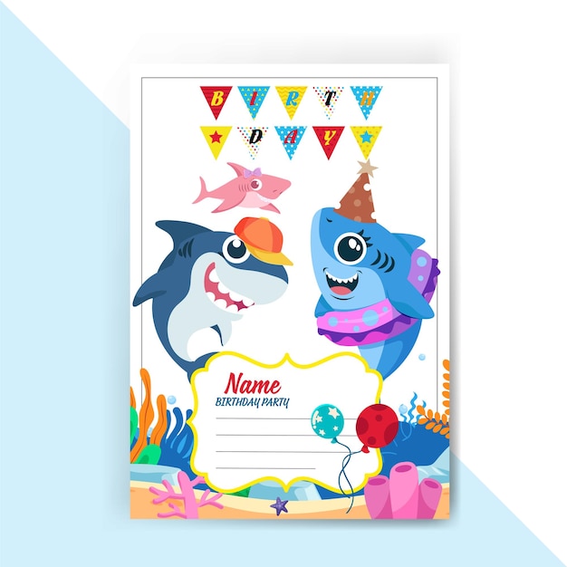 Vector plantilla de tarjeta de invitaciones de cumpleaños lindo diseño de dibujos animados de boceto de cinta de globo de tiburones estilizados