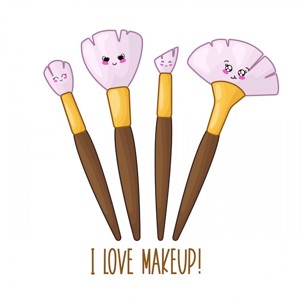 Vector plantilla de tarjeta linda con pinceles de maquillaje kawaii