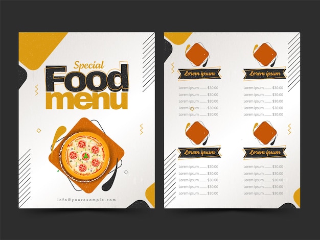 Vector plantilla de tarjeta de menú de alimentos o diseño de volante en vista frontal y posterior