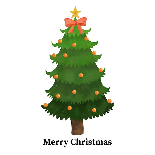 Plantilla de tarjeta de Navidad acuarela con ilustración de árbol de Navidad Vector