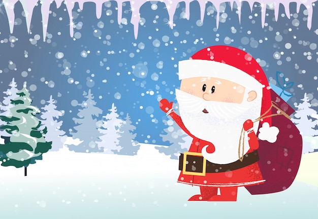 Plantilla de tarjeta de Navidad y año nuevo. Santa claus llevando regalos