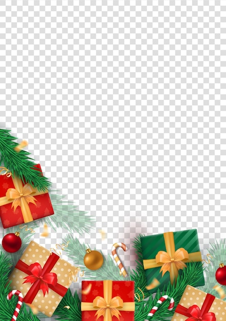 plantilla de tarjeta de Navidad con cajas de regalos 3D ramas de abeto y decoración de Navidad en fondo transparente