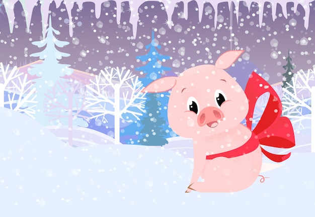 Vector plantilla de tarjeta de navidad cerdo de navidad con lazo rojo.
