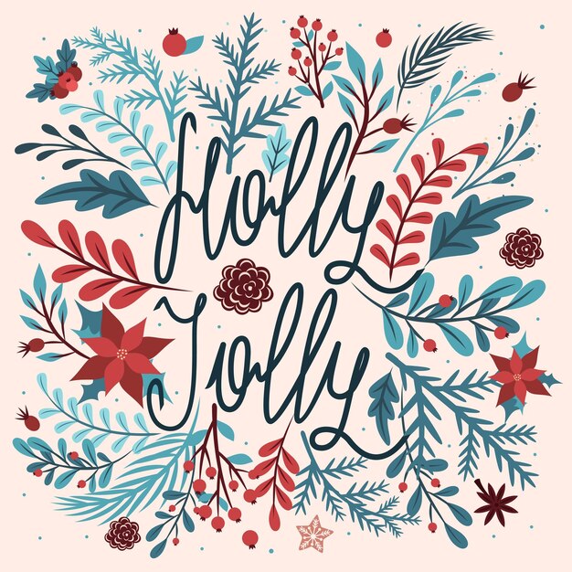 Plantilla de tarjeta de Navidad y Feliz Año Nuevo Decoradas plantas y flores de invierno Holly Jolly