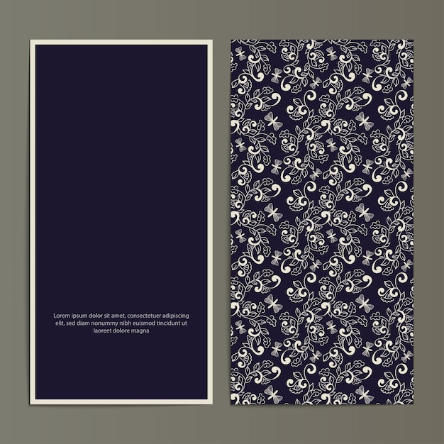 Plantilla de tarjeta de oro batik azul floral de arte lineal
