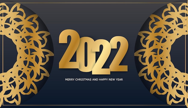 Plantilla de tarjeta postal 2022 feliz año nuevo color negro con patrón dorado abstracto