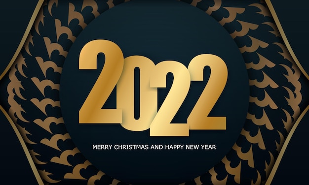 Plantilla de tarjeta postal 2022 feliz navidad azul oscuro con patrón dorado de lujo