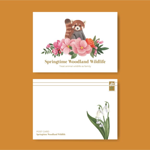 Plantilla de tarjeta postal con concepto de vida silvestre de bosque de primavera, estilo acuarela