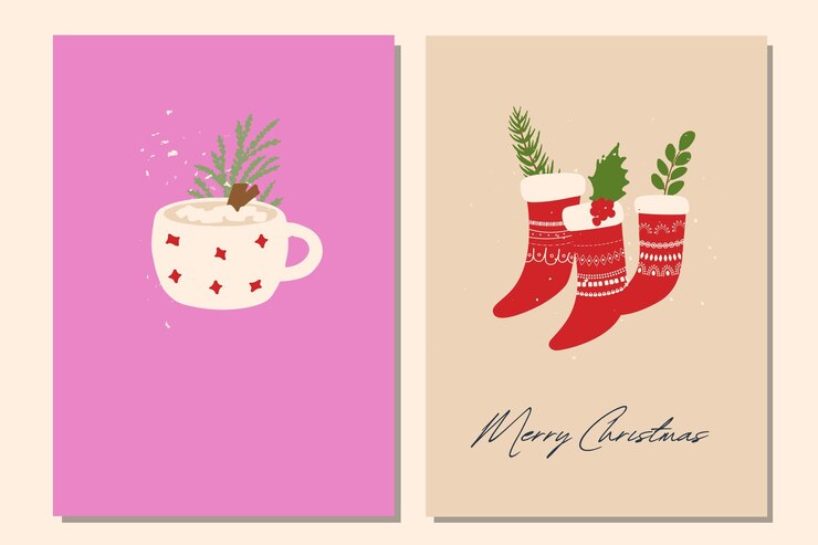 Vector plantilla de tarjeta postal de navidad ramas de pino de cacao calcetines rojos florales