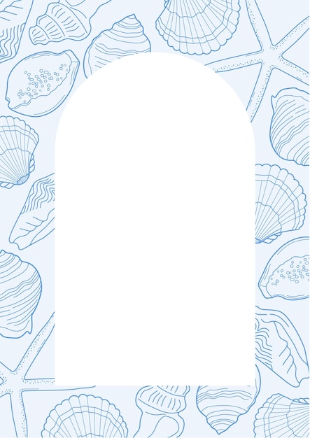 plantilla de tarjeta postal con patrón de contorno de conchas en color azul tarjeta vectorial