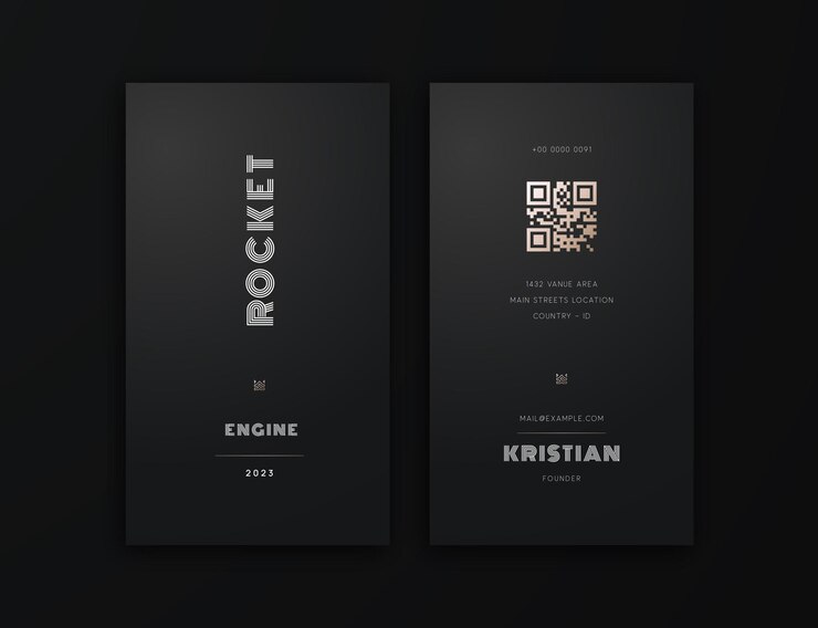 Plantilla de tarjeta de presentación profesional moderna vertical con código QR y acento dorado