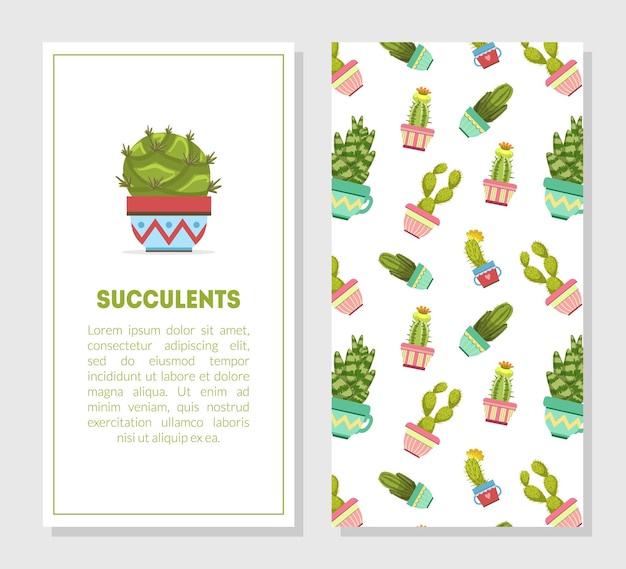 Plantilla de tarjeta de suculentas con lugar para texto cactus en macetas de flores patrón sin costuras elemento de diseño para bandera invitación cartel voucher volante cupón ilustración vectorial