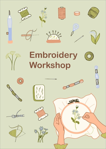 plantilla de tarjeta de taller de bordado cartel de costura dibujado a mano de color ilustración vectorial de