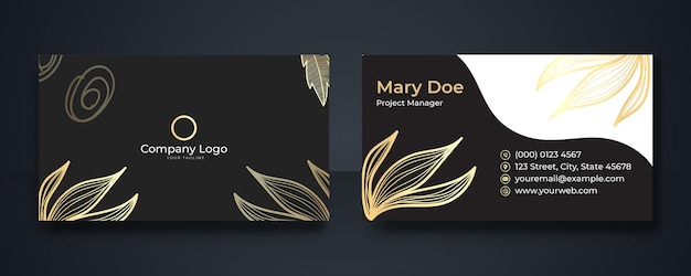 Plantilla de tarjeta de visita con fondo floral dorado y negro. elegante diseño de plantilla de tarjeta de visita de lujo premium dorado