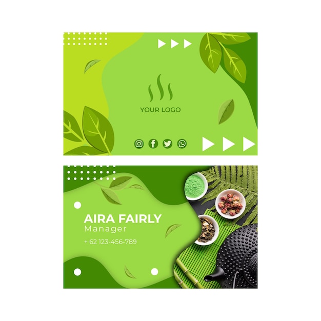 Vector plantilla de tarjeta de visita horizontal de doble cara de té matcha