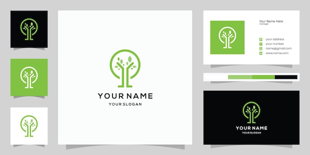 Vector plantilla de tarjeta de visita y logotipo de árbol de círculo abstracto