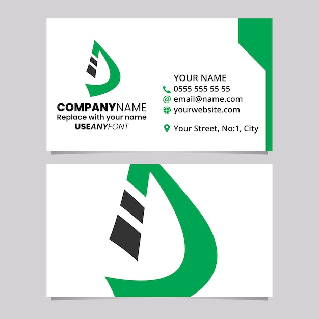 Plantilla de tarjeta de visita verde y negra con el icono del logotipo de la letra D a rayas curvas