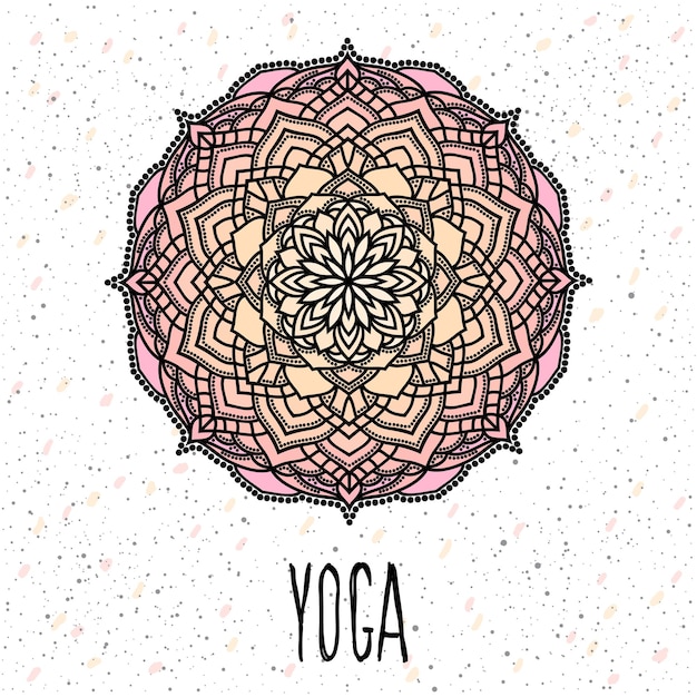 Plantilla de tarjeta de yoga. Mandala redondo de encaje étnico ornamental oriental dibujado a mano para diseño de camisetas, tarjetas vintage, invitaciones a fiestas, carteles de yoga, folletos, álbumes de regalos, álbumes de recortes, etc.