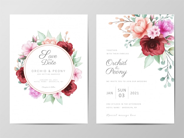 Plantilla de tarjetas de invitación de boda con arreglo de flores de acuarela