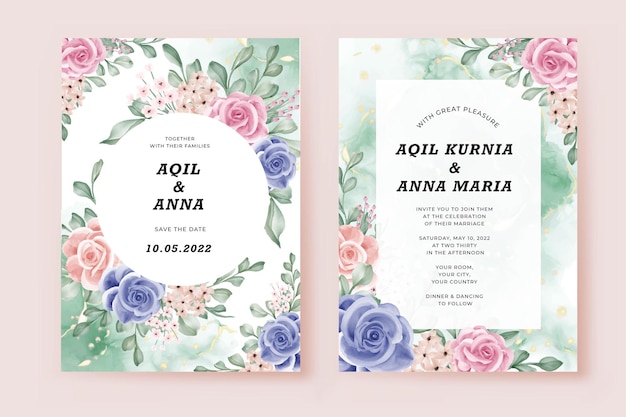 Plantilla de tarjetas de invitación de boda Conjunto de ilustración de rosa de flor de acuarela