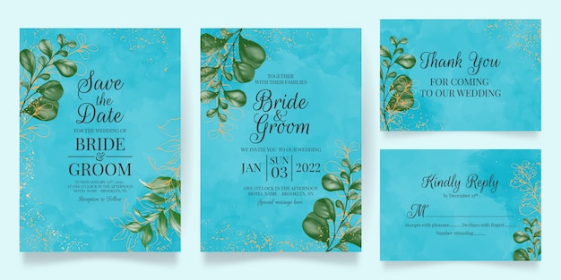 Plantilla de tarjetas de invitación de boda elegante con decoración floral de acuarela