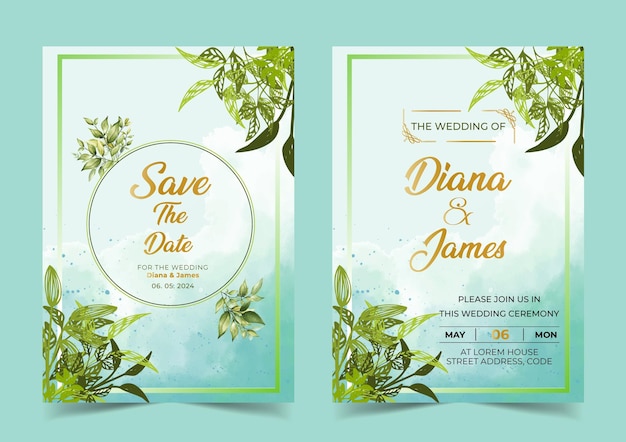 Plantilla de tarjetas de invitación de boda con eucalipto en acuarela