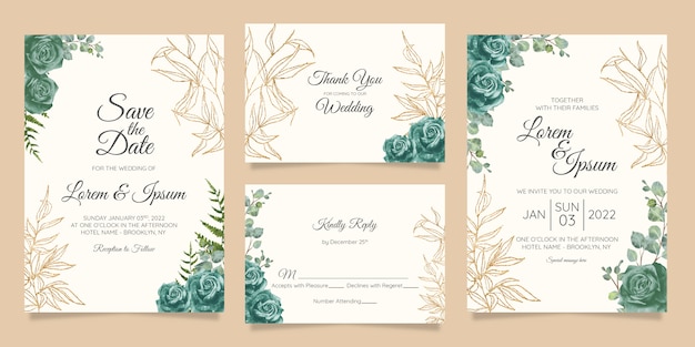 Plantilla de tarjetas de invitación de boda floral con lámina de oro de acuarela