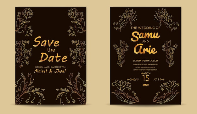 Plantilla de tarjetas de invitación de boda de lujo con línea de flores doradas