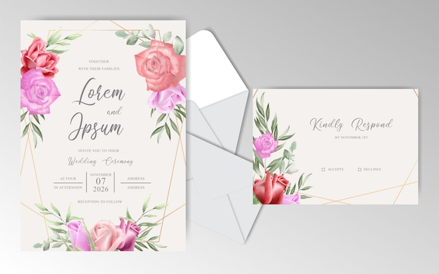 Plantilla de tarjetas de invitación de boda romántica con hermosas rosas