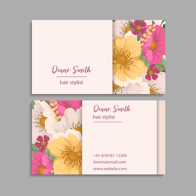 Plantilla de tarjetas de visita con flores de color rosa. Detrás y delante