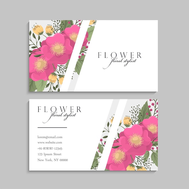 Plantilla de tarjetas de visita con flores de color rosa fuerte. Detrás y delante