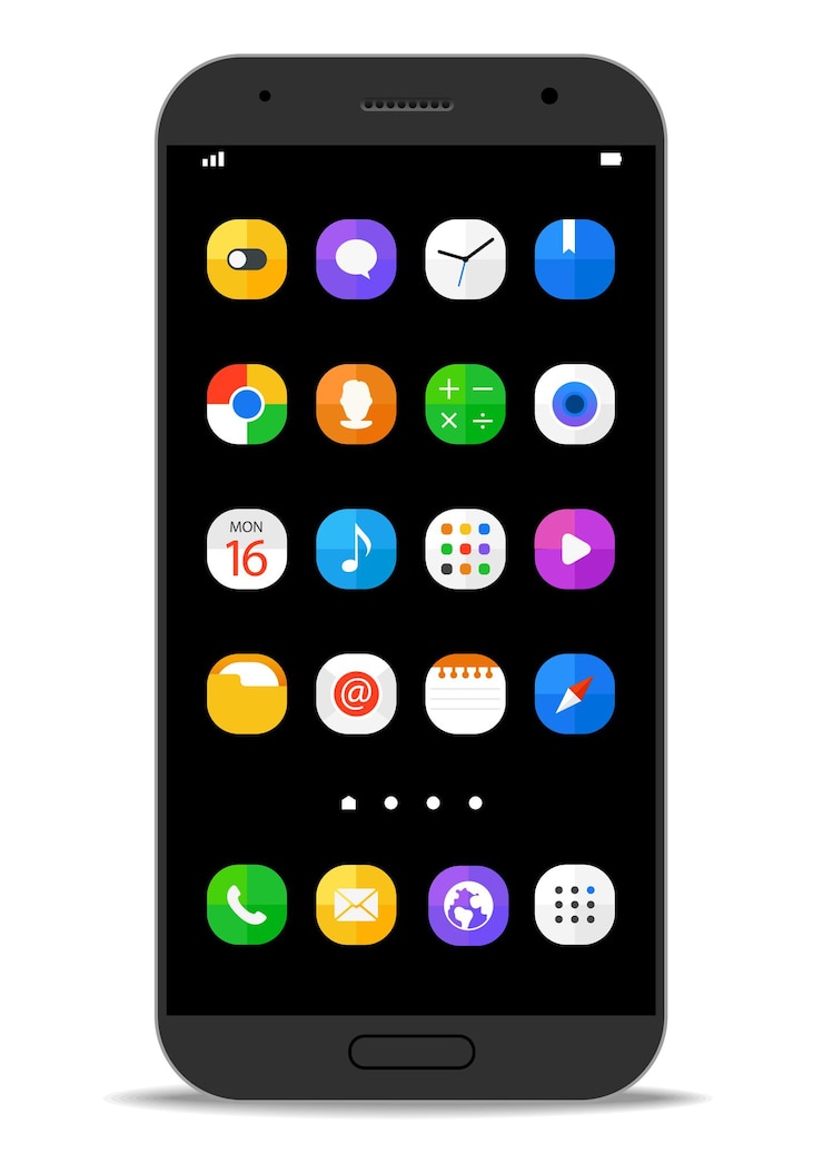 Vector plantilla de teléfono inteligente moderno con iconos de diferentes colores. elementos de diseño plano vectorial