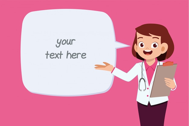 Plantilla de texto feliz linda joven médico mujer