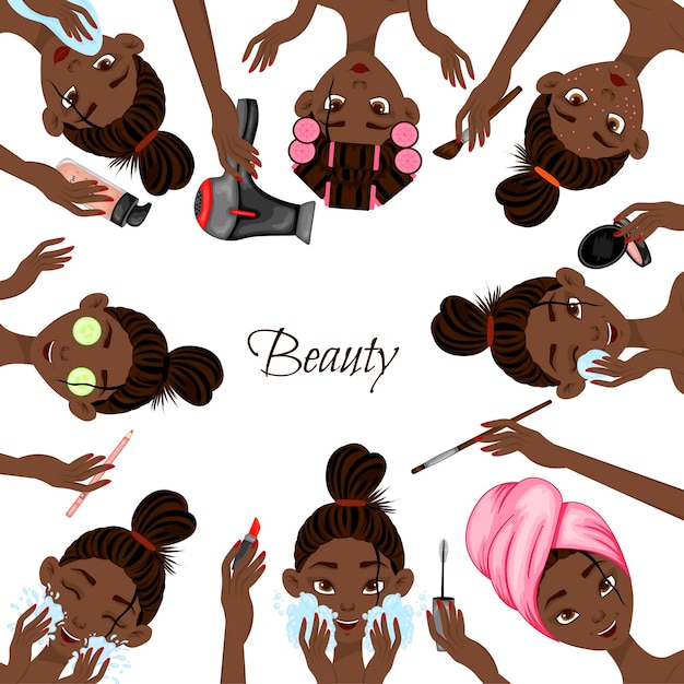 Plantilla para texto con personajes femeninos negros y productos cosméticos. estilo de dibujos animados. ilustración vectorial.