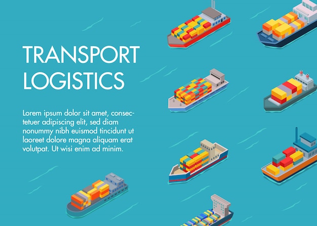 Plantilla de texto de transporte de carga marítima logística y camiones. Portacontenedores marítimos y marítimos con industria de transporte de importación y exportación. Logística de transporte de naves.