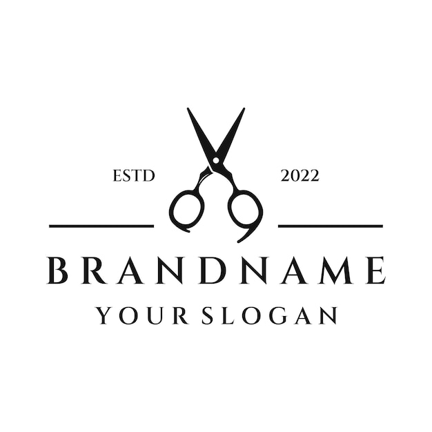 Plantilla de tijeras de salón de corte de pelo clásico creativo y simple diseño de logotipo aislado en fondo blanco y negro para la belleza del salón de peluquería de negocios