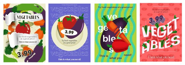 Plantilla de tipografía de cubierta de verduras para diseño publicitario Carteles de comida y tarjetas de felicitación con tomate zanahoria berenjena brócoli calabacín y otros con precio para comestibles Ilustración vectorial