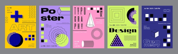 plantilla de tipografía de portada abstracta diseños de carteles con vibrantes composiciones geométricas de círculo de rayas dinámicas pirámide cilindro triángulo banderas modernas establecidas en diseño retro ilustración vectorial
