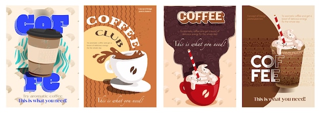 plantilla de tipografía de portada de café para diseño publicitario carteles de alimentos y tarjetas de felicitación con capuchino caliente o espresso en tazas y tazas de papel bebida fresca de cafeína con crema ilustración vectorial