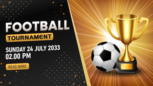 Plantilla de torneo de fútbol Fútbol realista y trofeo de oro Ilustración vectorial de pantalla ancha
