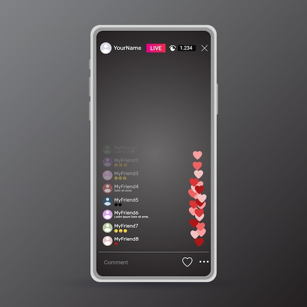 plantilla de transmisión en vivo de redes sociales con comentarios interactivos e íconos de corazón animados para teléfono inteligente