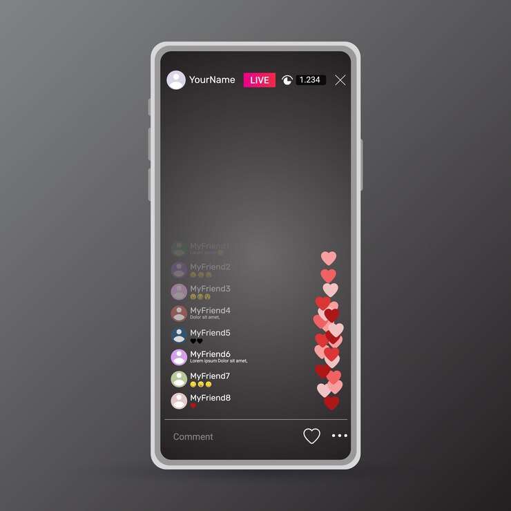 Vector plantilla de transmisión en vivo de redes sociales con comentarios interactivos e íconos de corazón animados para teléfono inteligente