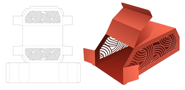 Plantilla troquelada de caja biselada con patrón curvo estampado 2 y maqueta 3d