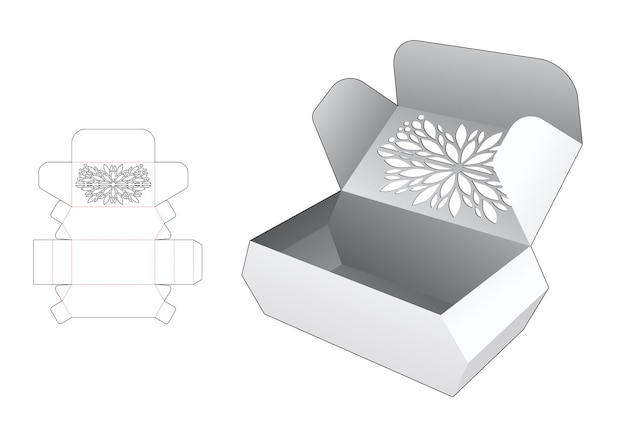 Plantilla troquelada de caja de comida con tapa estarcida biselada y maqueta 3d